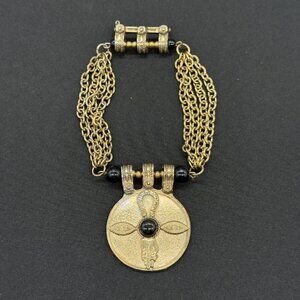 Vintage Egyptian Revival Gold Tone Chain Statement Brooch Pin Black Cabochons